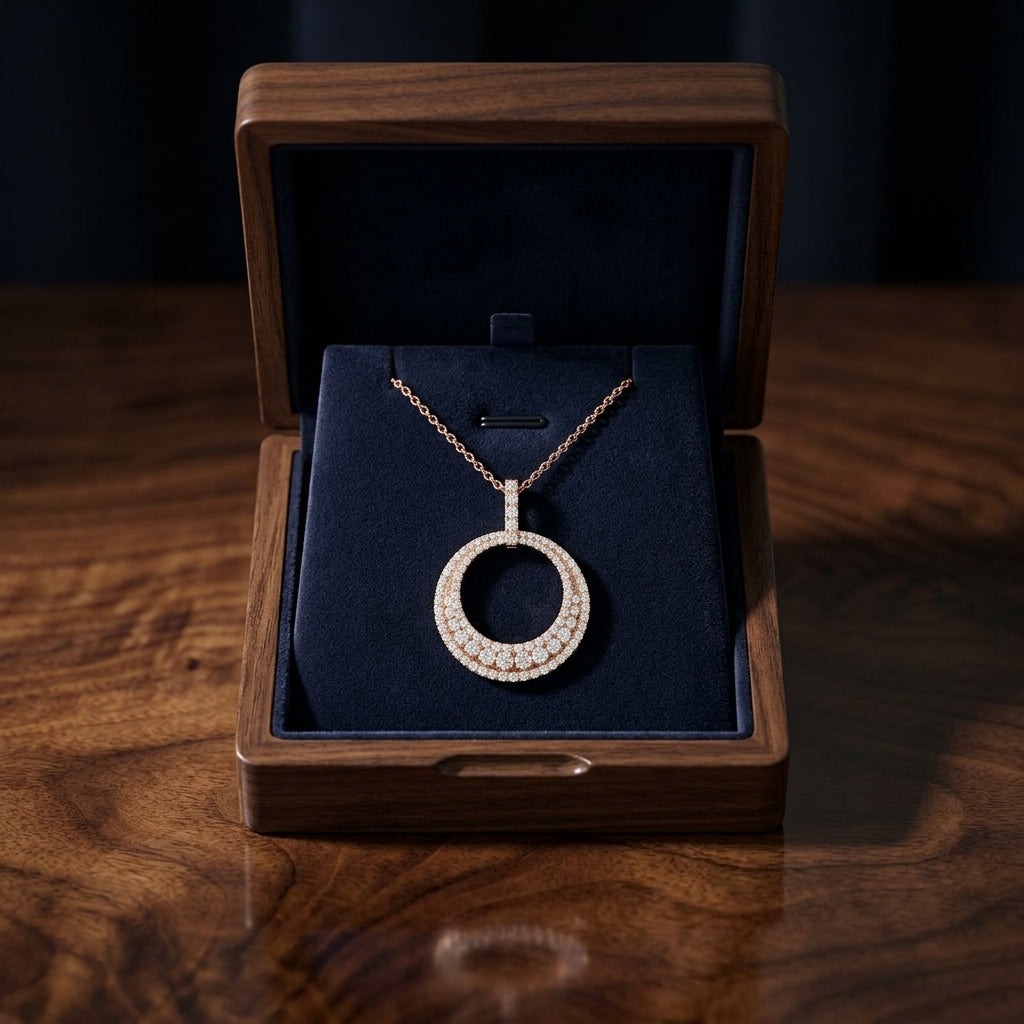 Graduated Circle Three Rolls Diamond Pendant In 14k Rose Gold — gift presentation