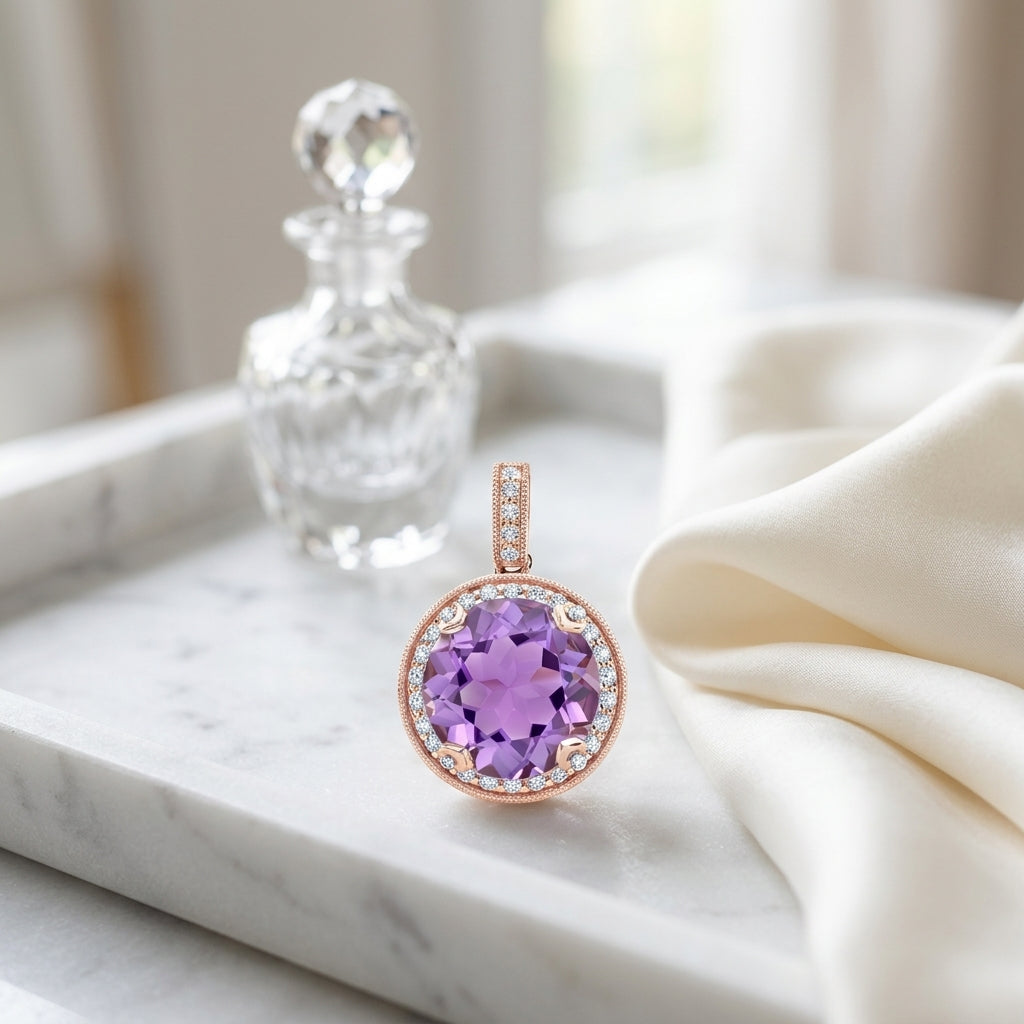 Amethyst And Diamond Round Halo Antique Finish Pendant In 14k Rose Gold ( Hi / Si ) — atelier still life