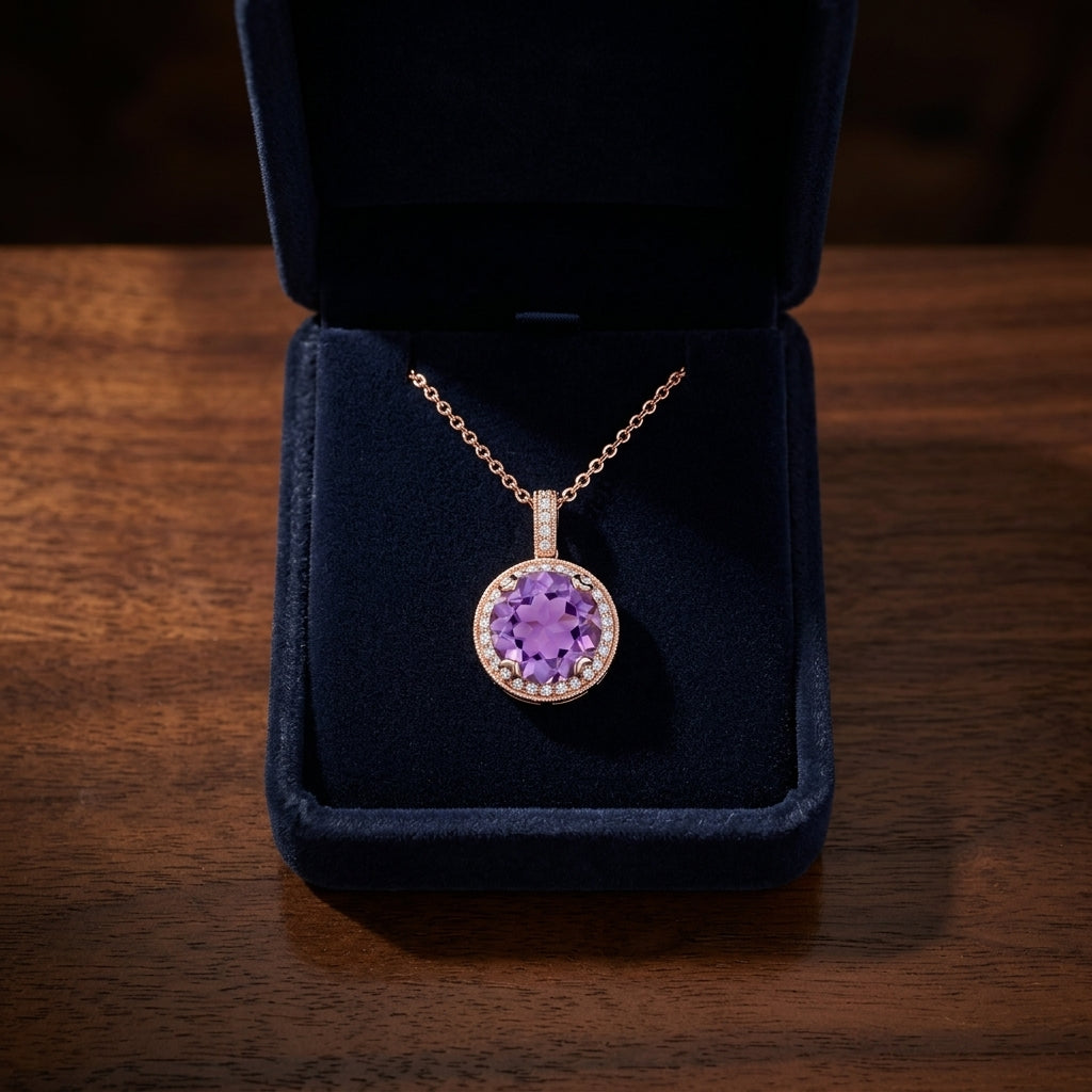 Amethyst And Diamond Round Halo Antique Finish Pendant In 14k Rose Gold ( Hi / Si ) — gift presentation