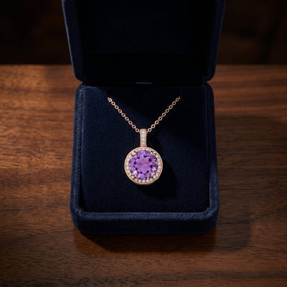 Amethyst And Diamond Round Halo Antique Finish Pendant In 14k Rose Gold ( Hi / Si ) — gift presentation