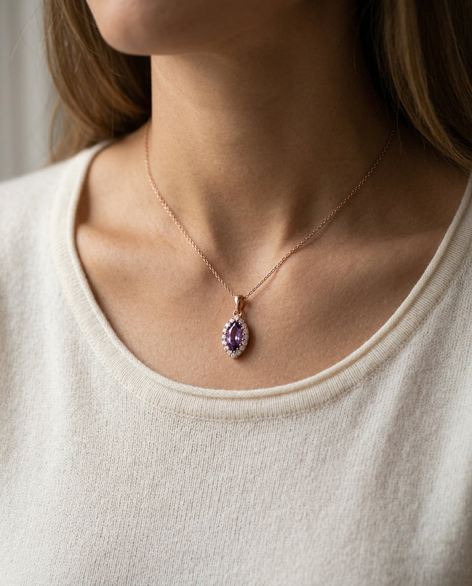 Amethyst Marquise And Diamond Pendant  In 14k Rose Gold (1/6 Ct.tw.) — editorial close-up