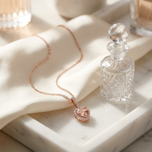 Morganite and Diamond Halo Heart Pendant in 14k Rose Gold 1/4ctw — marble silk