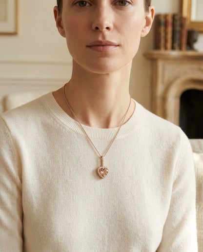 Morganite and Diamond Halo Heart Pendant in 14k Rose Gold 1/4ctw — portrait close
