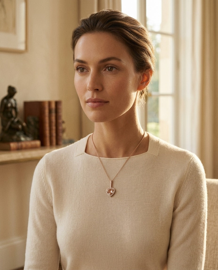 Morganite and Diamond Halo Heart Pendant in 14k Rose Gold 1/4ctw — portrait full