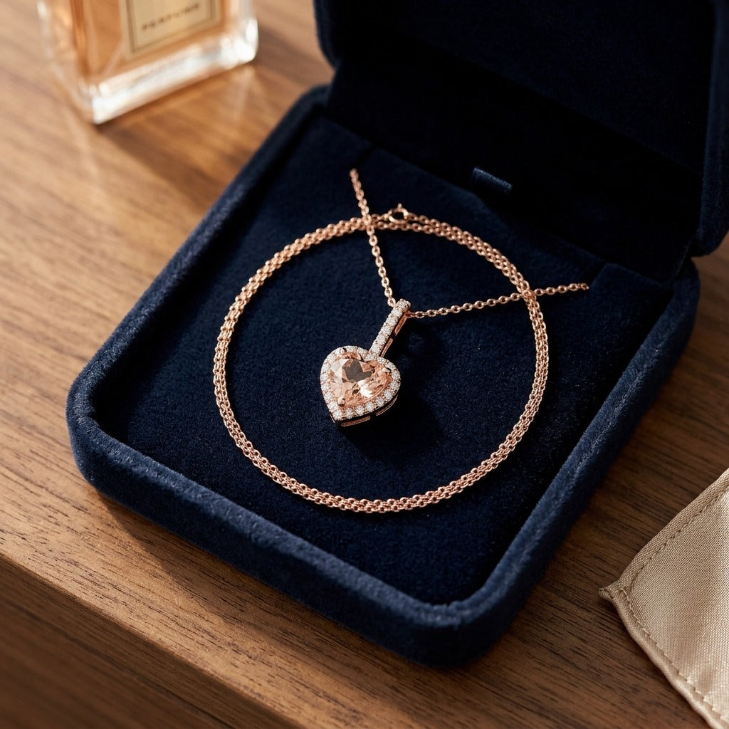 Morganite and Diamond Halo Heart Pendant in 14k Rose Gold 1/4ctw — velvet box
