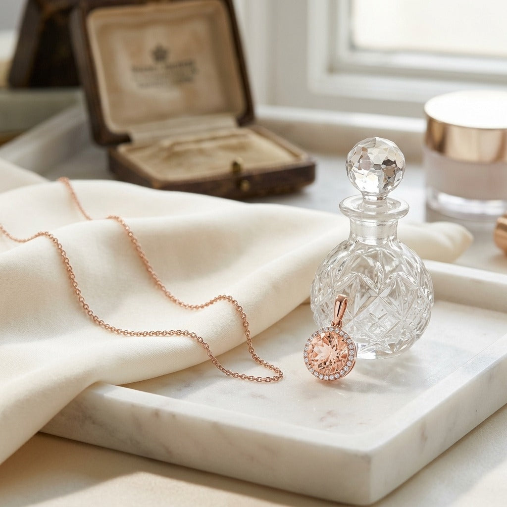 Morganite and Diamond Halo Pendant in 14k Rose Gold — marble silk