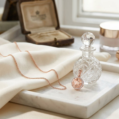 Morganite and Diamond Halo Pendant in 14k Rose Gold — marble silk