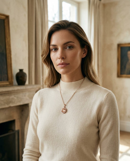 Morganite and Diamond Halo Pendant in 14k Rose Gold — portrait full