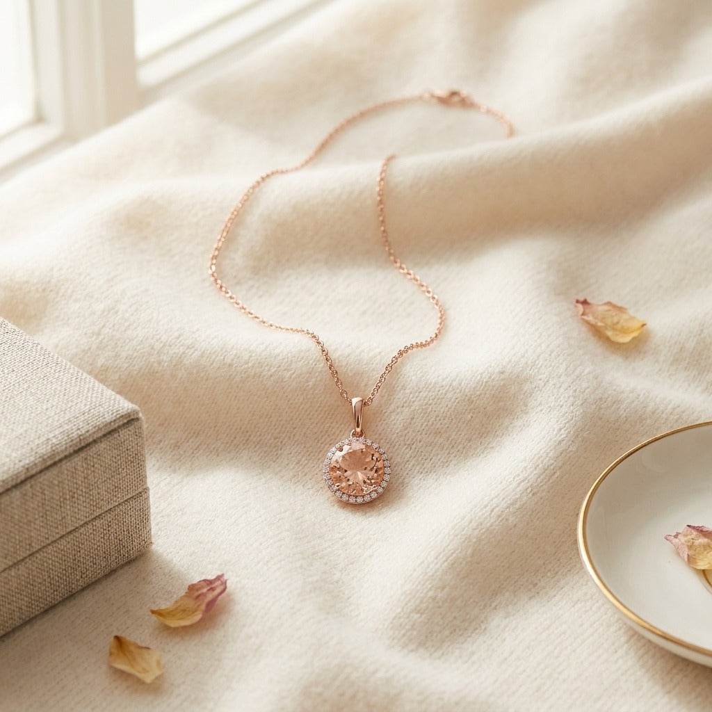Morganite and Diamond Halo Pendant in 14k Rose Gold — textile flat lay