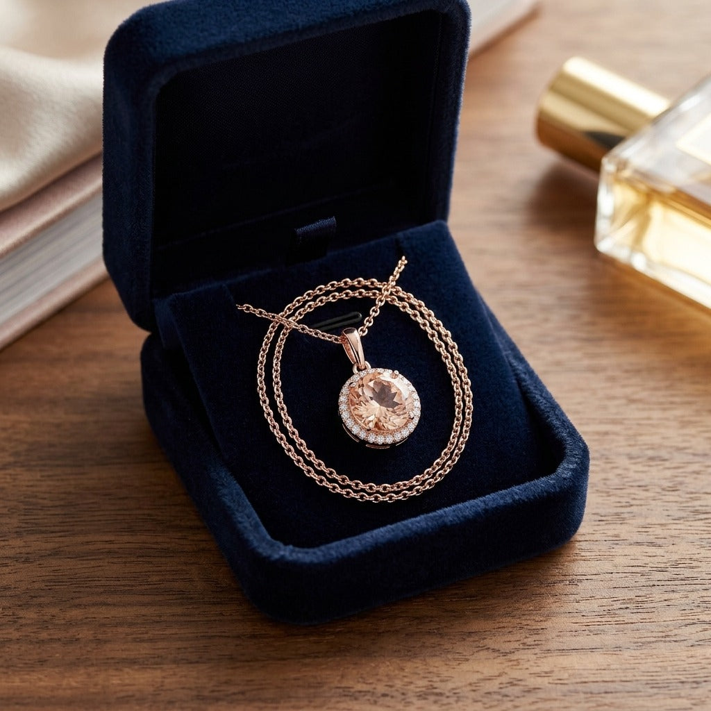 Morganite and Diamond Halo Pendant in 14k Rose Gold — velvet box