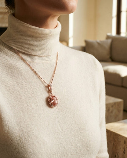 Oval Pink Tourmaline and Diamond Halo Pendant in 14k Yellow Gold (8x6mm) — portrait close