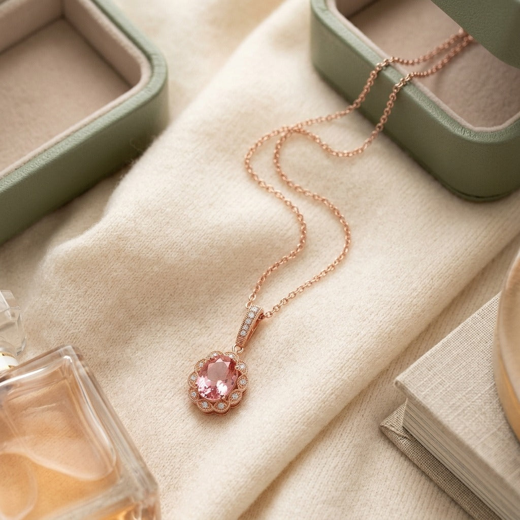 Oval Pink Tourmaline and Diamond Halo Pendant in 14k Yellow Gold (8x6mm) — textile flat lay