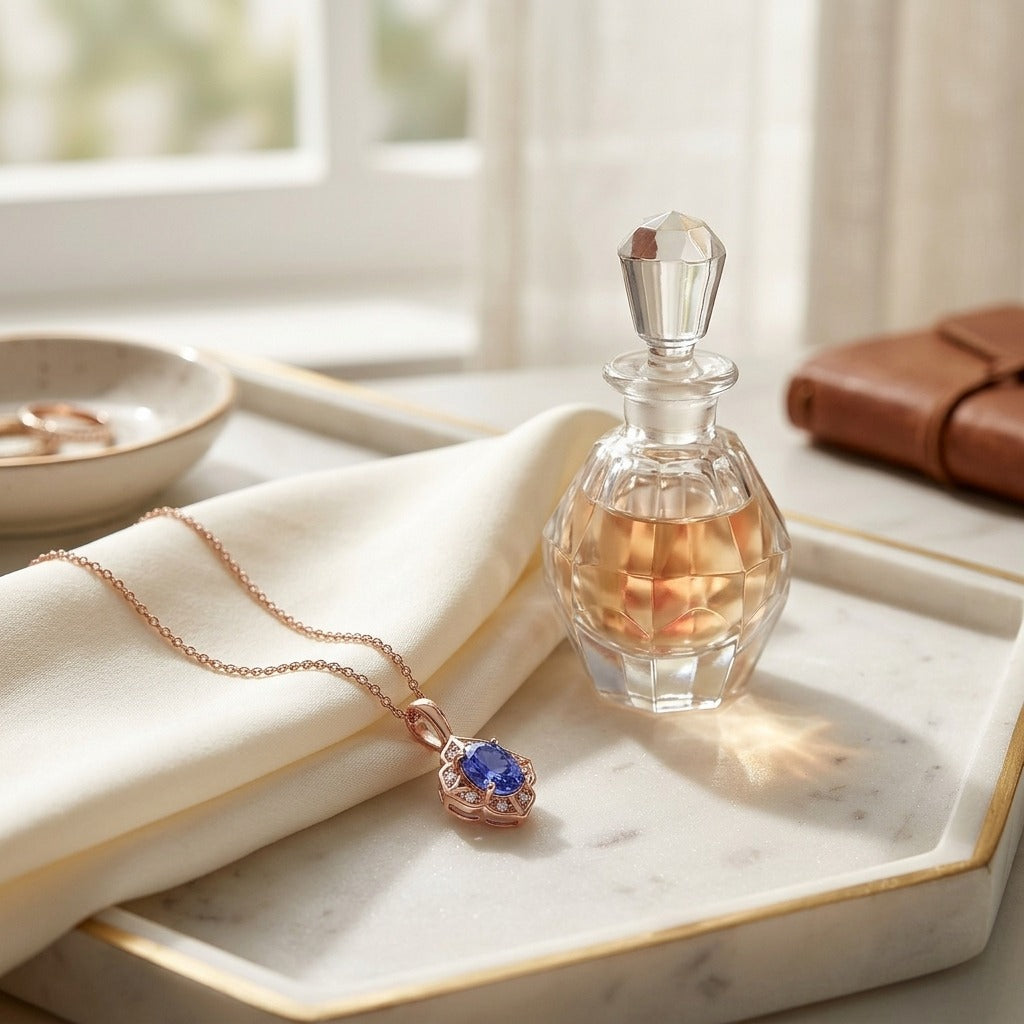 Oval Tanzanite, & Diamond Pendant 14k Rose Gold - — marble silk
