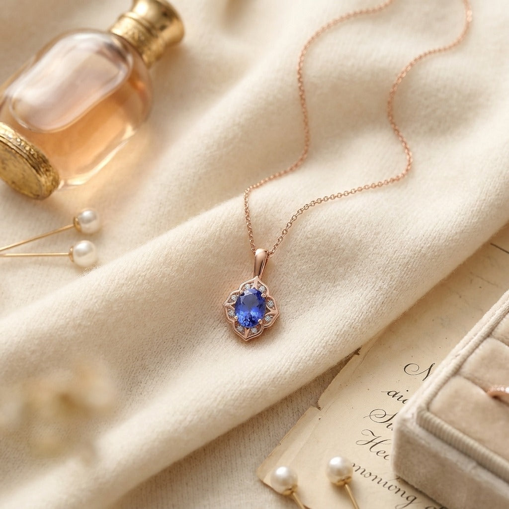Oval Tanzanite, & Diamond Pendant 14k Rose Gold - — textile flat lay