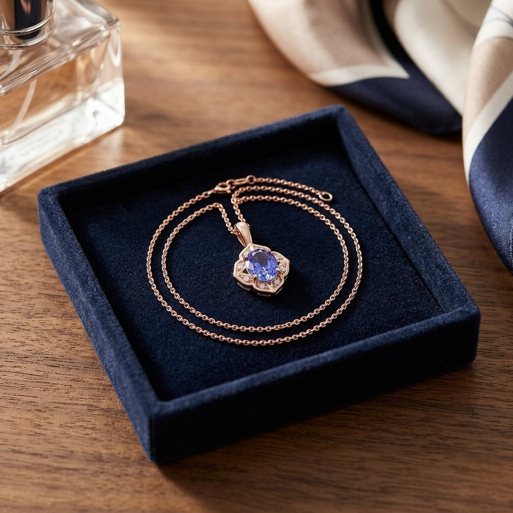 Oval Tanzanite, & Diamond Pendant 14k Rose Gold - — velvet box