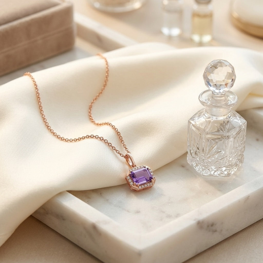 Amethyst Octagon East-West Pendant with Pave & High Polish Frame in 14k Rose Gold (8x6mm) — marble silk