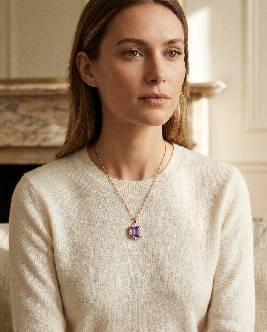 Amethyst Octagon East-West Pendant with Pave & High Polish Frame in 14k Rose Gold (8x6mm) — portrait close