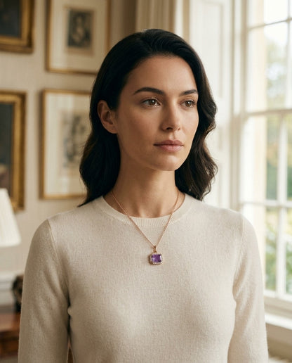 Amethyst Octagon East-West Pendant with Pave & High Polish Frame in 14k Rose Gold (8x6mm) — portrait full