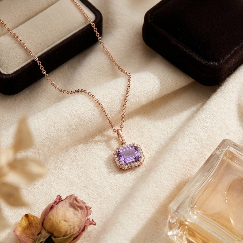 Amethyst Octagon East-West Pendant with Pave & High Polish Frame in 14k Rose Gold (8x6mm) — textile flat lay