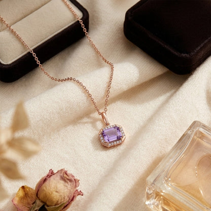 Amethyst Octagon East-West Pendant with Pave & High Polish Frame in 14k Rose Gold (8x6mm) — textile flat lay