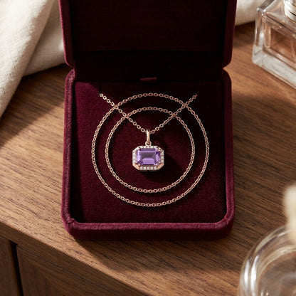 Amethyst Octagon East-West Pendant with Pave & High Polish Frame in 14k Rose Gold (8x6mm) — velvet box