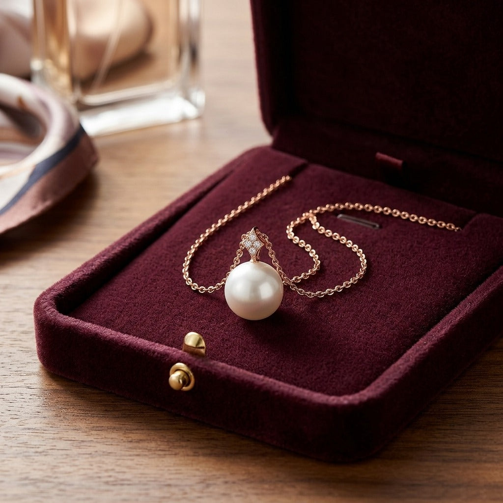 Freshwater Pearl and Diamond Pendant with Pave Bail in 14k Rose Gold (10mm) 16-18 Inch Chain — velvet box