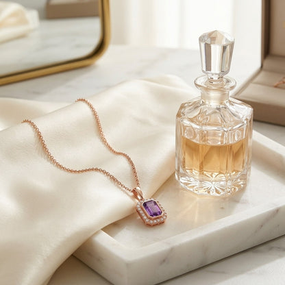 Amethyst and Diamond Bezel Pendant with Micro-Prong Frame and High Polish Tapered Bail in 14k Rose Gold (7x5mm) — marble silk