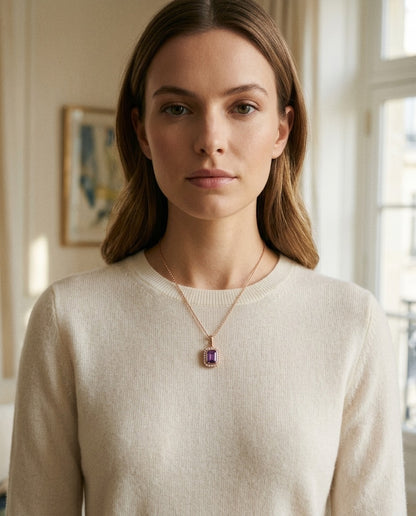 Amethyst and Diamond Bezel Pendant with Micro-Prong Frame and High Polish Tapered Bail in 14k Rose Gold (7x5mm) — portrait close