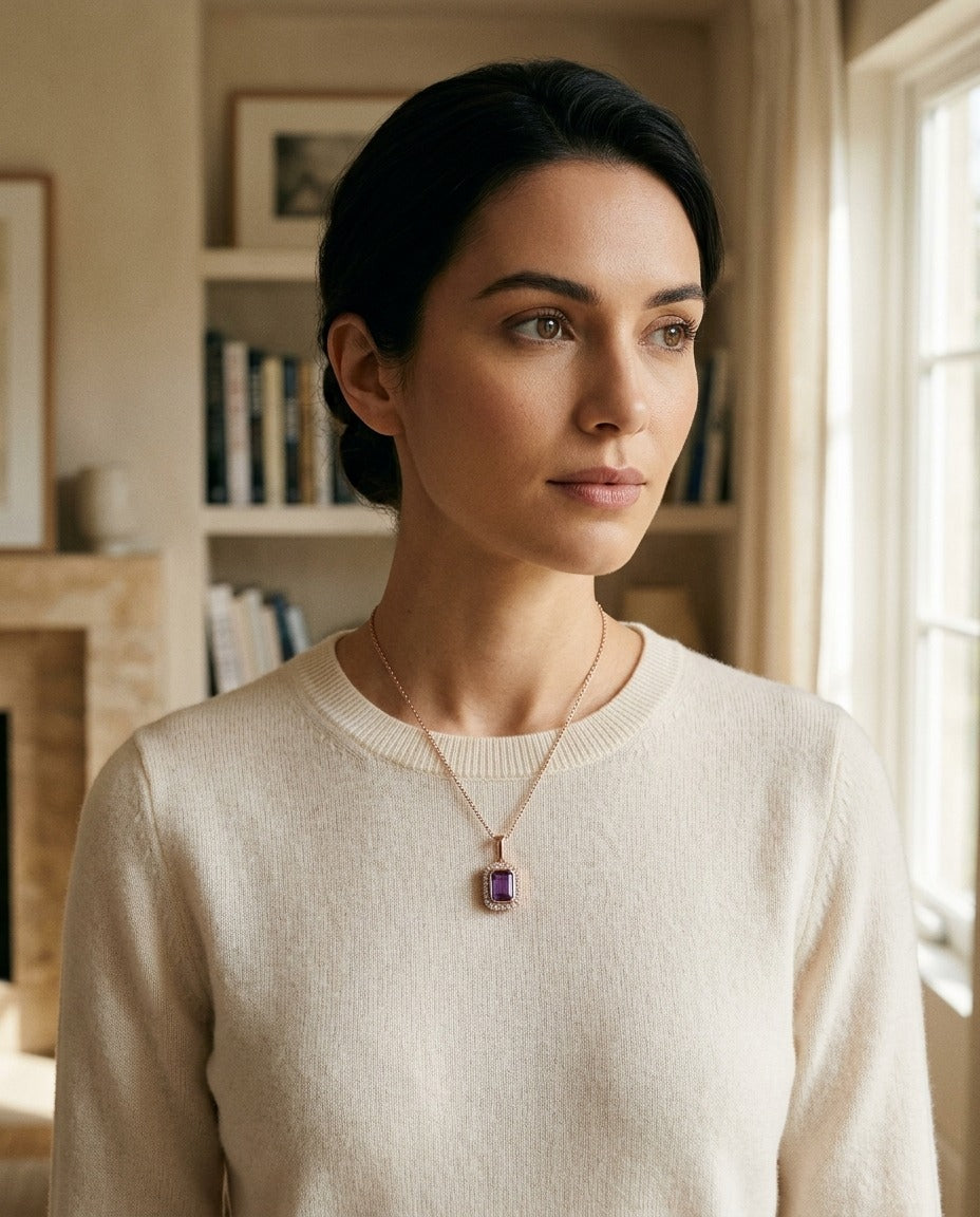 Amethyst and Diamond Bezel Pendant with Micro-Prong Frame and High Polish Tapered Bail in 14k Rose Gold (7x5mm) — portrait full