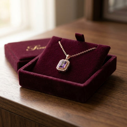 Amethyst and Diamond Bezel Pendant with Micro-Prong Frame and High Polish Tapered Bail in 14k Rose Gold (7x5mm) — velvet box