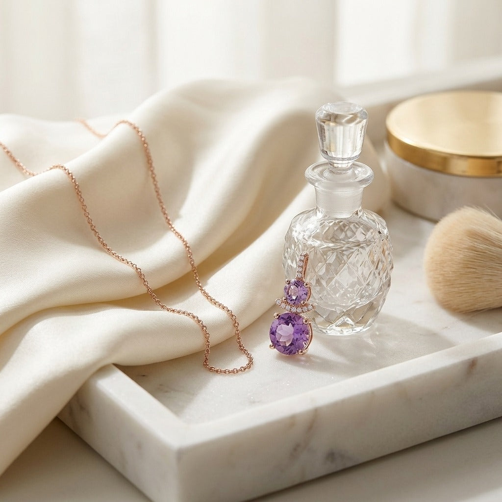 Amethyst and Diamond Round Stacked Duo Pendant in 14k Rose Gold (8mm,5mm) — marble silk