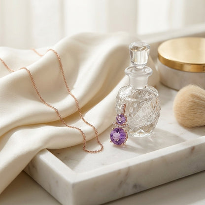 Amethyst and Diamond Round Stacked Duo Pendant in 14k Rose Gold (8mm,5mm) — marble silk