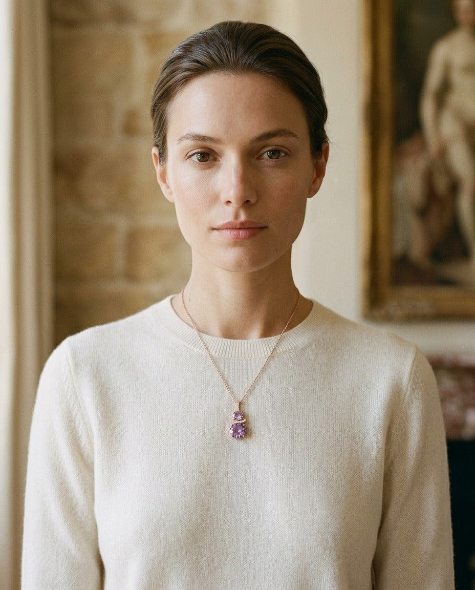 Amethyst and Diamond Round Stacked Duo Pendant in 14k Rose Gold (8mm,5mm) — portrait close