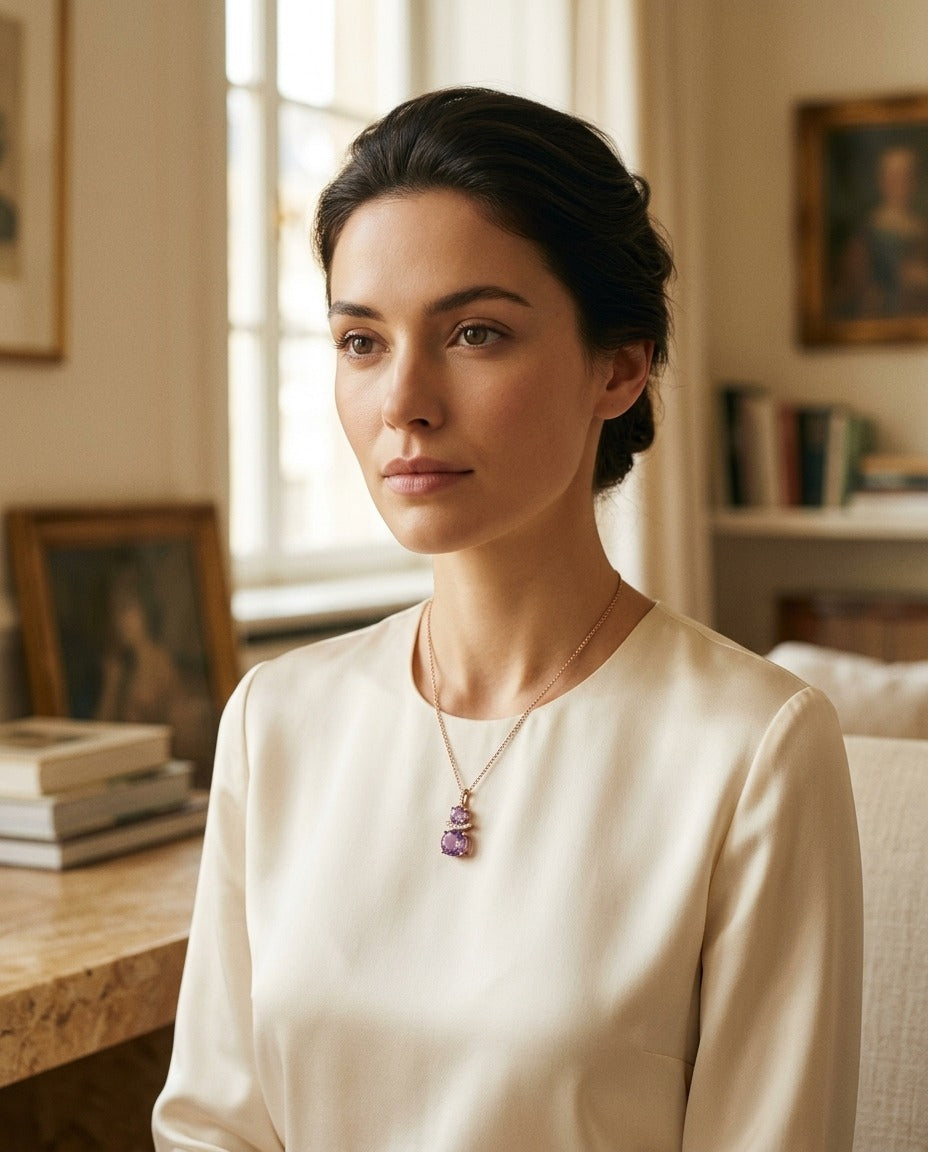 Amethyst and Diamond Round Stacked Duo Pendant in 14k Rose Gold (8mm,5mm) — portrait full