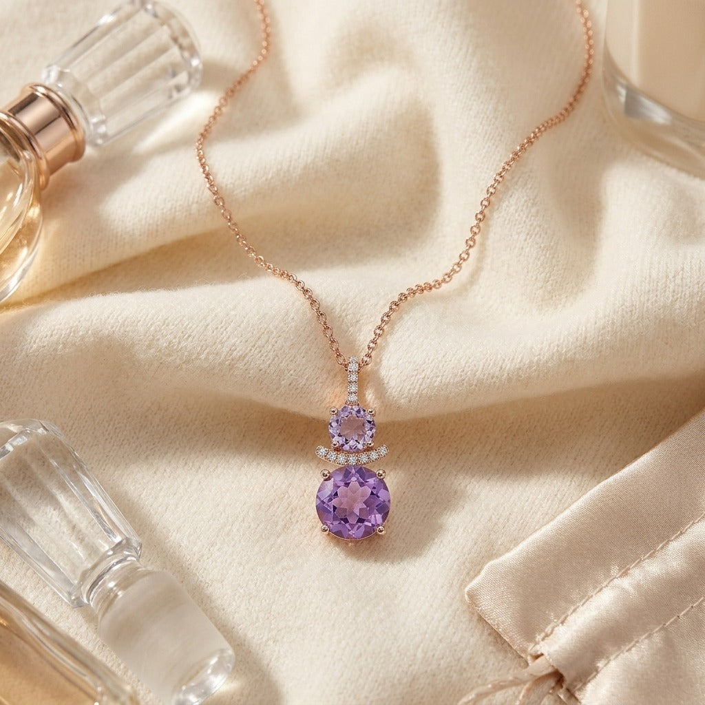 Amethyst and Diamond Round Stacked Duo Pendant in 14k Rose Gold (8mm,5mm) — textile flat lay