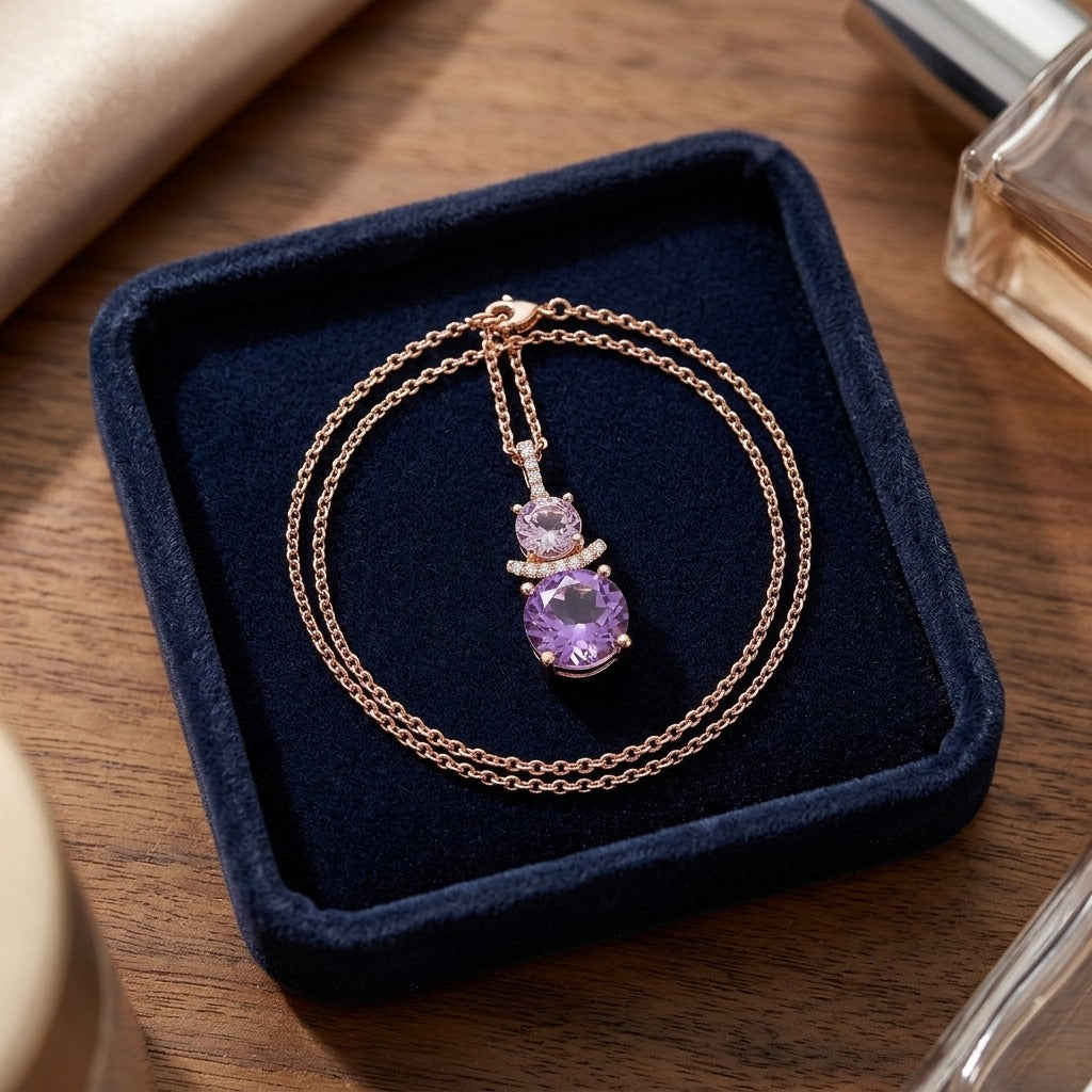 Amethyst and Diamond Round Stacked Duo Pendant in 14k Rose Gold (8mm,5mm) — velvet box