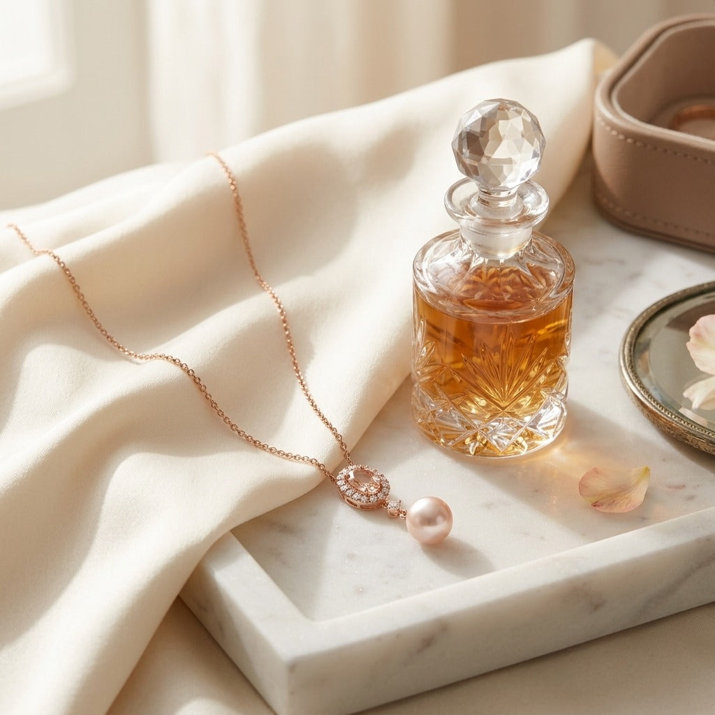 Pink Pearl, Morganite & Diamond Pendant 14k Rose Gold — marble silk