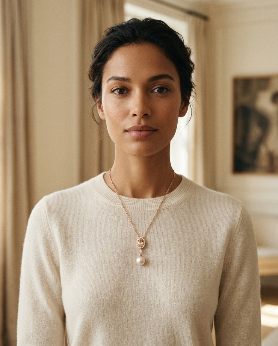 Pink Pearl, Morganite & Diamond Pendant 14k Rose Gold — portrait close