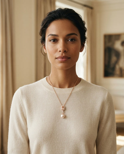 Pink Pearl, Morganite & Diamond Pendant 14k Rose Gold — portrait close