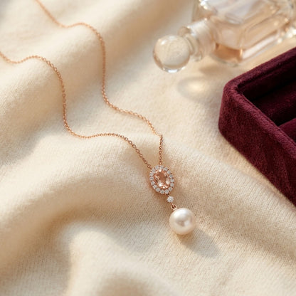 Pink Pearl, Morganite & Diamond Pendant 14k Rose Gold — textile flat lay