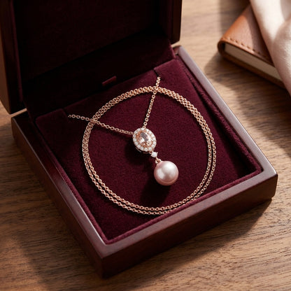 Pink Pearl, Morganite & Diamond Pendant 14k Rose Gold — velvet box
