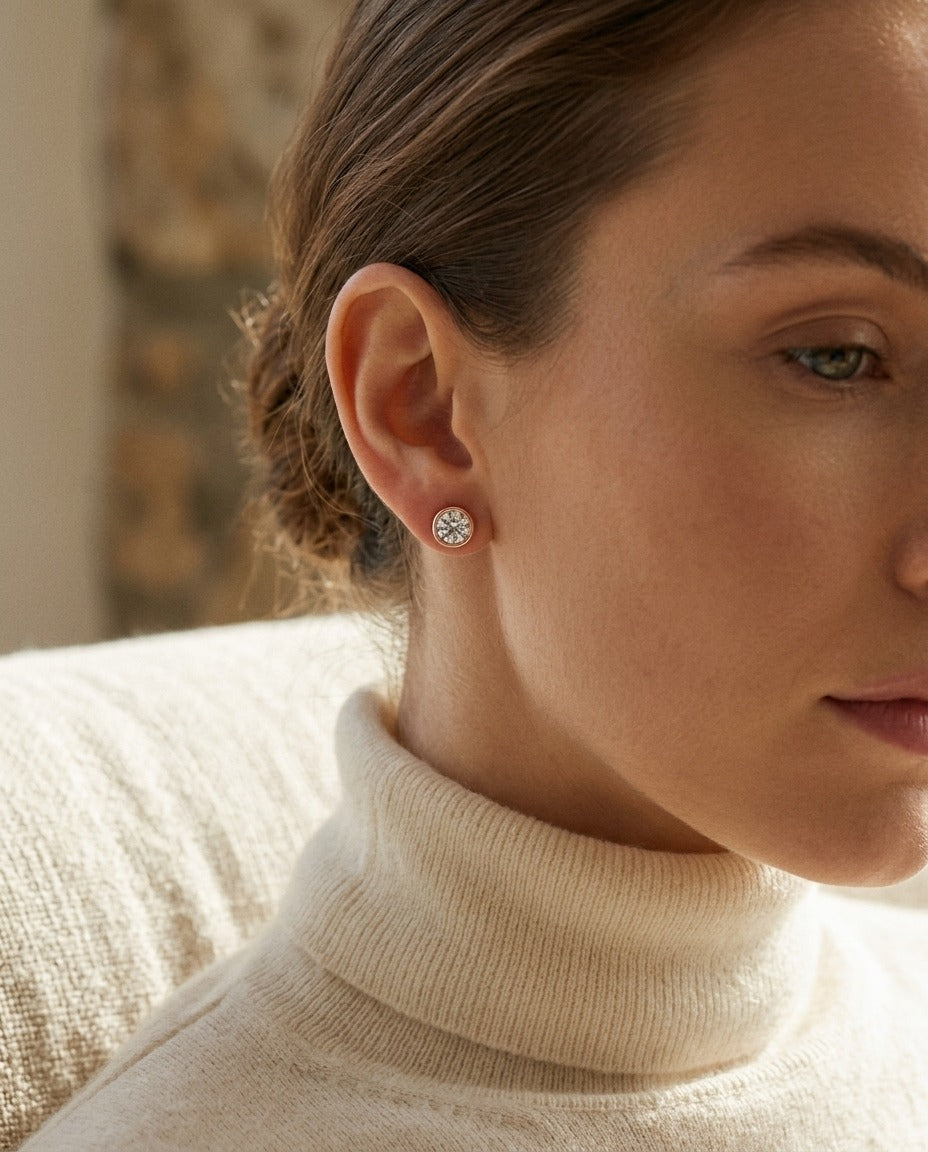 Diamond Round Bezel Stud Earrings in 14k Rose Gold (3/4 Ct.tw.) — portrait close