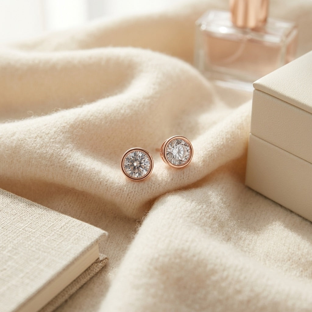 Diamond Round Bezel Stud Earrings in 14k Rose Gold (3/4 Ct.tw.) — textile flat lay