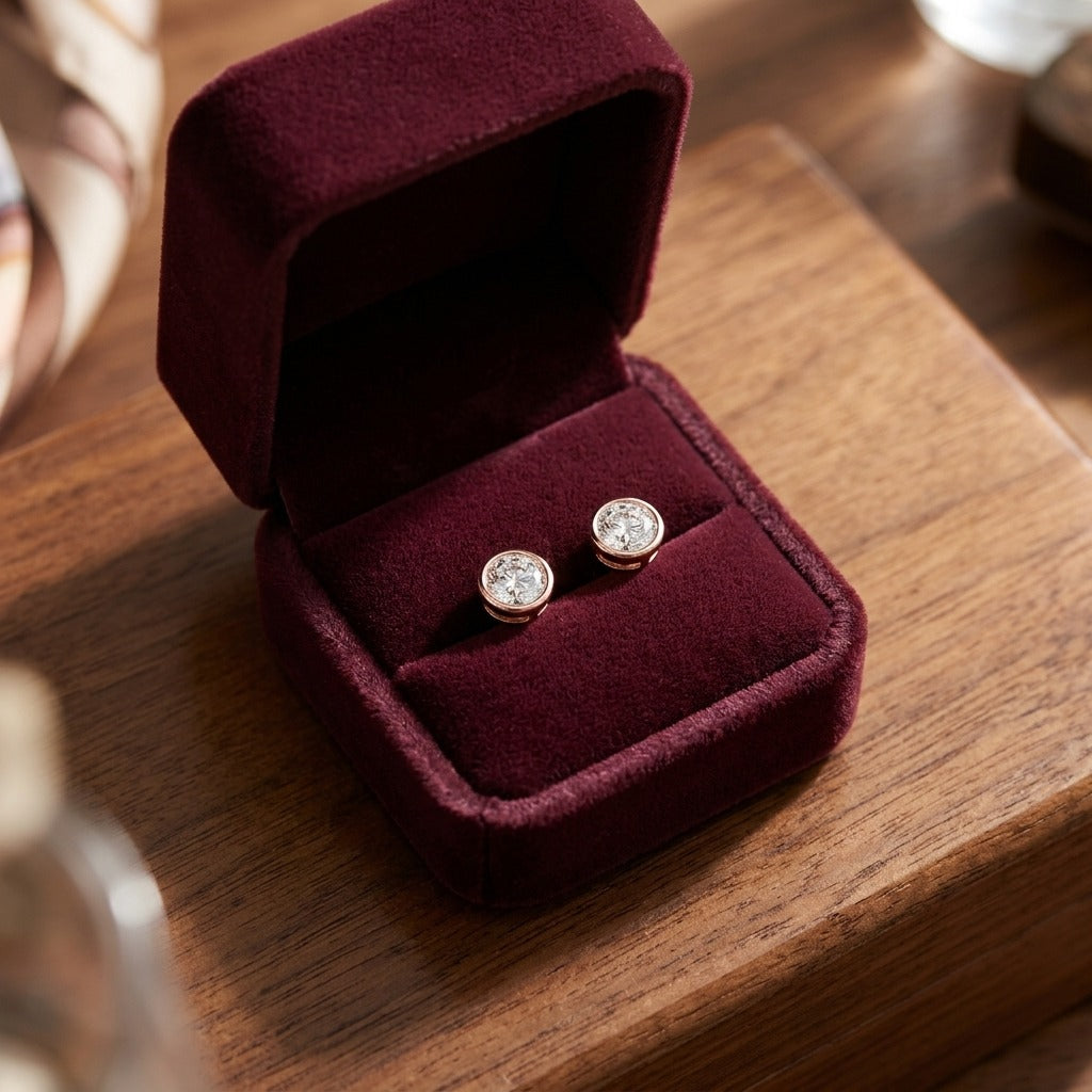 Diamond Round Bezel Stud Earrings in 14k Rose Gold (3/4 Ct.tw.) — velvet box