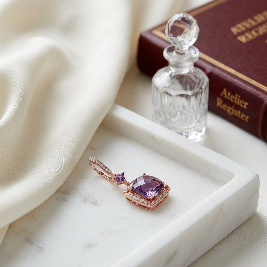Amethyst Cushion And Princess Cut Dangling Earrings With Diamond Pave Accent In 14k Rose Gold (8mm, 3mm) — atelier still life
