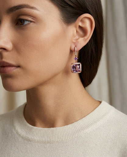 Amethyst Cushion And Princess Cut Dangling Earrings With Diamond Pave Accent In 14k Rose Gold (8mm, 3mm) — editorial close-up