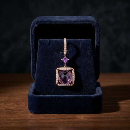 Amethyst Cushion And Princess Cut Dangling Earrings With Diamond Pave Accent In 14k Rose Gold (8mm, 3mm) — gift presentation