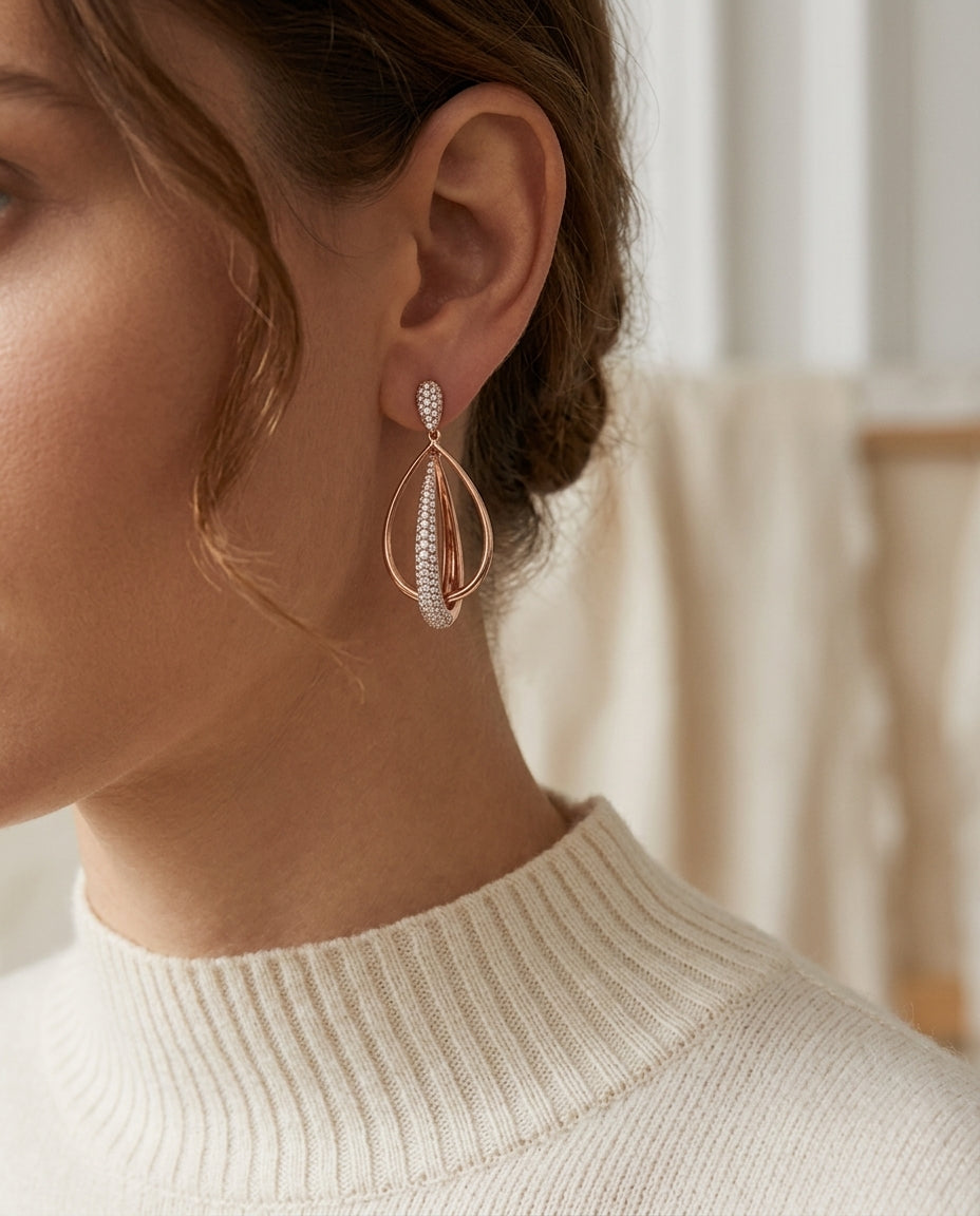 Modern Diamond Drop Earrings In 14k Rose Gold — editorial close-up