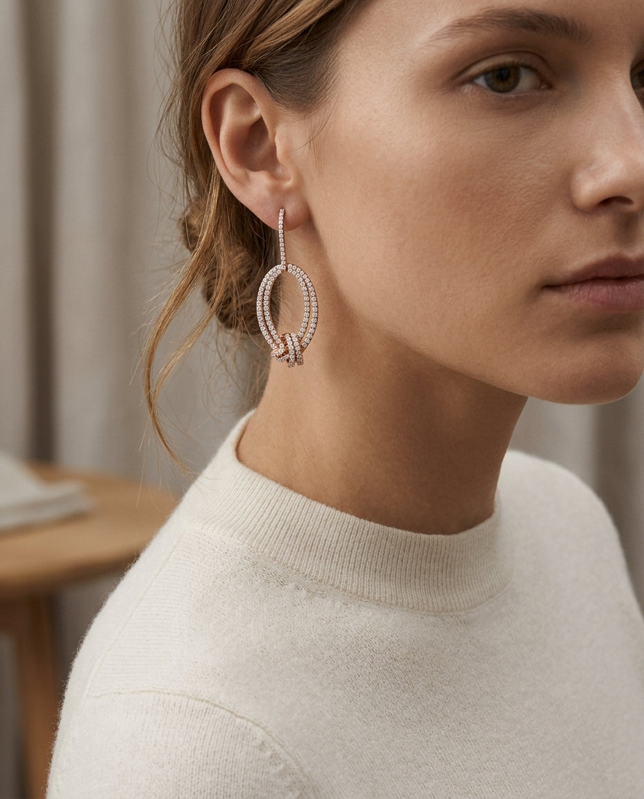 Pave Diamond Knot Earrings In 14k Rose Gold — editorial close-up