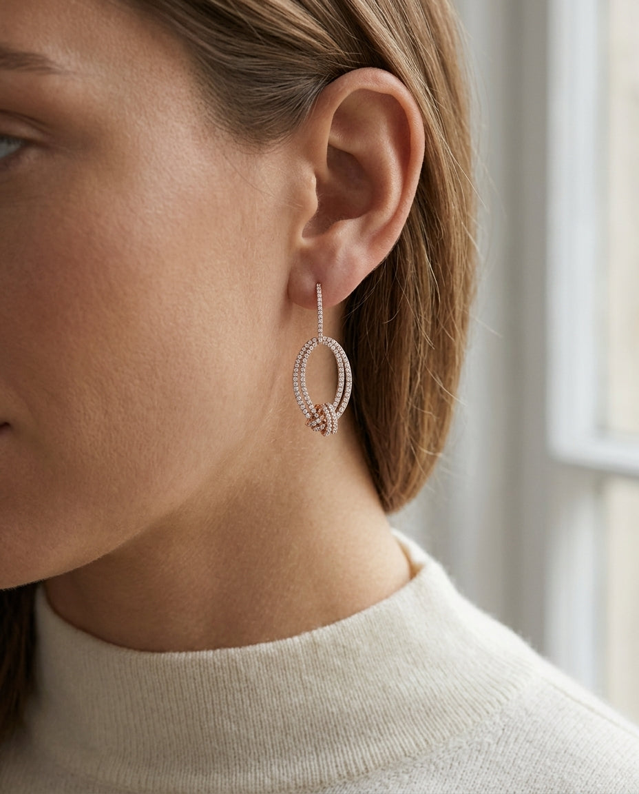 Pave Diamond Knot Earrings In 14k Rose Gold — editorial close-up